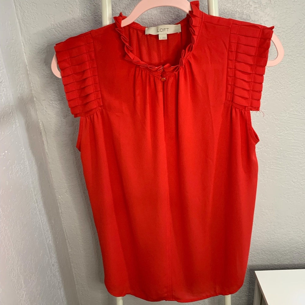 Ann Taylor LOFT Red Dressy Tank-Top with Ruffled Trim, Size Small